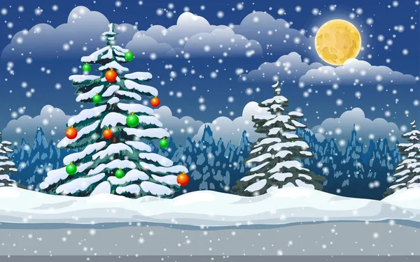 Inverno floresta noite paisagem com abeto árvore, lua, estrelas e flocos de neve. Bandeira panorâmica do país das maravilhas nevadas. Desenhos animados ilustração da cena de inverno da noite de fadas. Feliz banner de Natal ou fundo —  Vetores de Stock