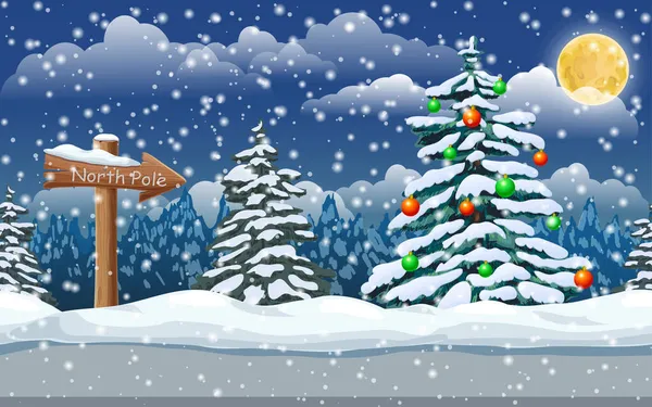 Invierno nevado paisaje nocturno. Banner de Navidad con abeto, letrero de madera en el polo norte de la nieve, nevadas y luna. linda ilustración festiva ideal para el diseño de vacaciones. estilo de dibujos animados vector clipart. — Vector de stock