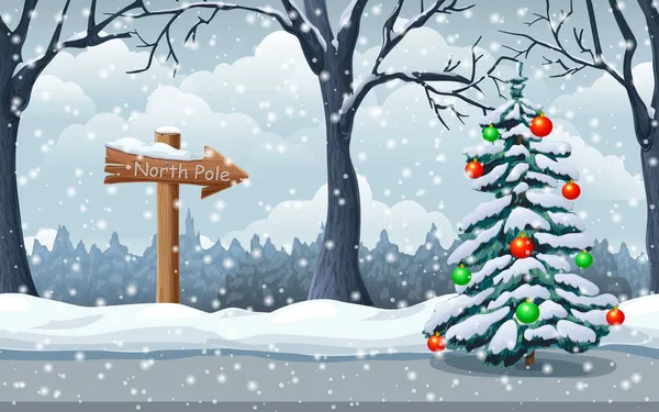 Invierno paisaje nevado, ilustración festiva con abeto, letrero de madera en la nieve, nevadas. lindo cuadro de bosque mágico en Navidad. ideal para el diseño de vacaciones. estilo de dibujos animados vector clipart — Vector de stock