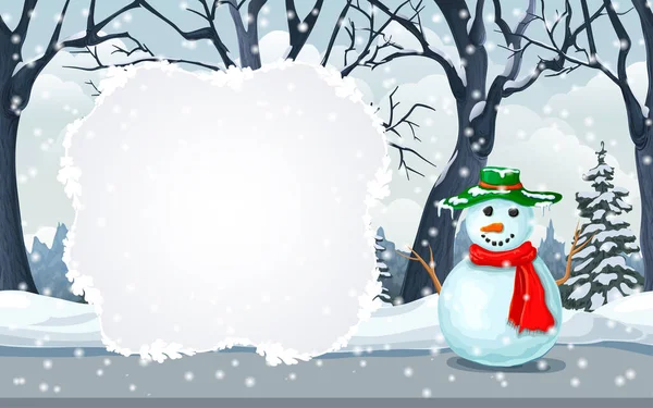 Karácsonyi üdvözlőlap vagy banner sablon hóemberrel, téli táj és hely a szöveg. havas jelenet. erdő, hóesés és aranyos hó karakter. téli üdülési kártya hirdetésekhez, meghívókhoz, szórólapokhoz — Stock Vector