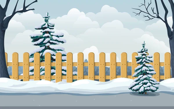 Zökkenőmentes téli táj havas lucfenyővel, fákkal, fából készült kerítéssel, hóeltolódással, úttal. illusztráció a falu, park, kertben vagy vidéken télen. hideg évszak vízszintes jelenet játék háttér. — Stock Fotó