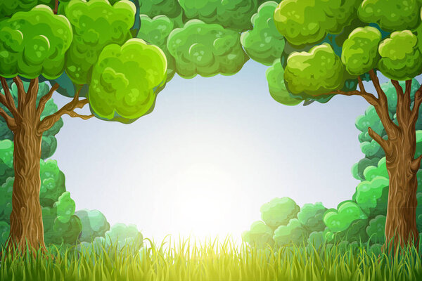 Forest banner, nature background. summer sunny day scene with woodland, green glade, blue sky. illustration. cartoon landscape with trees, grass and sunshine. sunrise or sunset park scene
