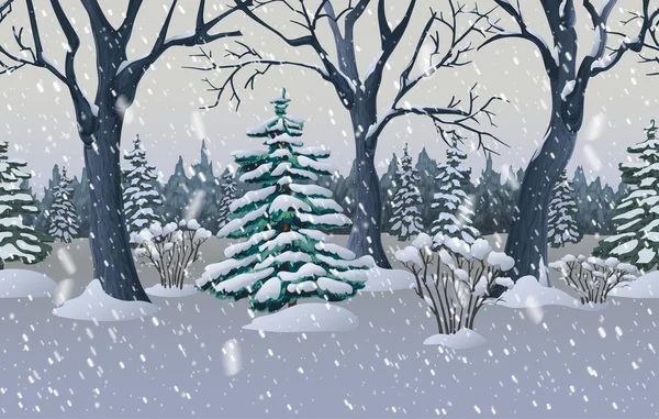 Natuurlijk winters authentiek landschap. sneeuwval in het bos, buiten horizontale scène van de wildernis. realistisch panorama van de wilde natuur in het koude seizoen. Sneeuwwitje in het bos. vector naadloze achtergrond — Stockvector