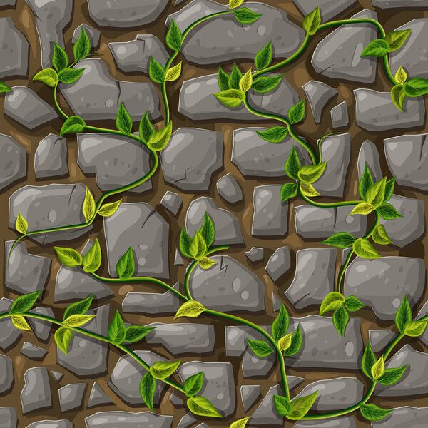 stone wall seamless pattern with green leaves and liana brunches. vector cartoon gray masonry texture with creeper plant. rocks wall, or boulders land surface background with tropical or jungle plants