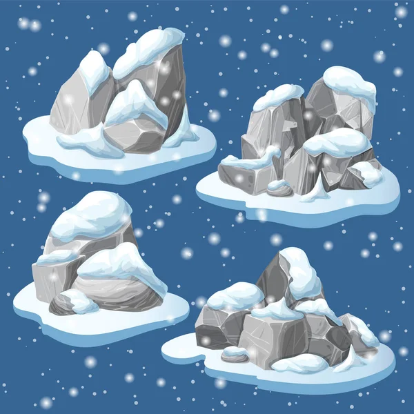 Gray stones or rocks in snow. pile of rubble and debris of the mountain with snow caps. heap of boulders in winter isolated. nature landscape element. vector cartoon crags and snowdrifts. Ice age. — Stock Vector