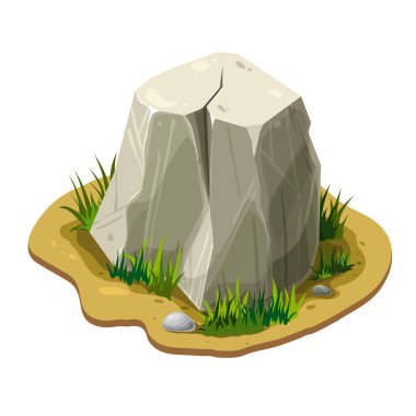 Büyük gri taş ya da yeşil çimenlikteki kaya. Yerdeki ya da arazideki kayanın vektör çizimi. Oyun varlığı. Ormanların, doğanın, çöllerin ve dağların peyzaj tasarım elementleri. Şarjör sanatı. çizgi film biçimi.