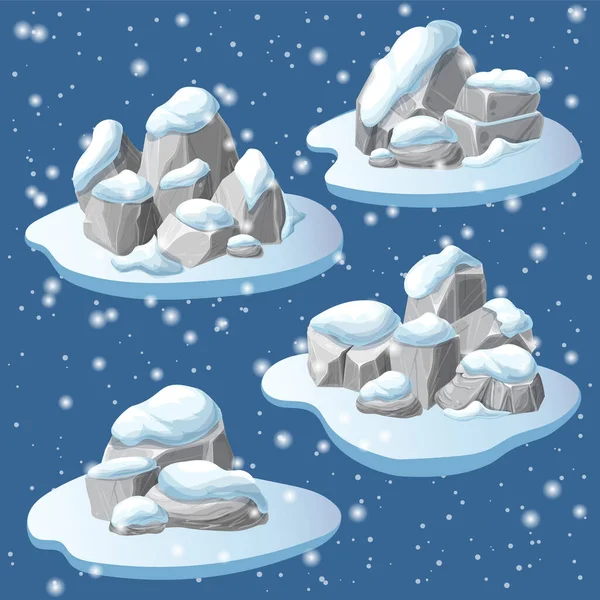 Schneebedeckte Felsen oder Berge isoliert. Schutthaufen und Trümmer des schneebedeckten Berges. Findlingshaufen im Winter. Naturlandschaftselement. Vektor Cartoon Felsen und Schneeverwehungen. Eiszeit. — Stockvektor
