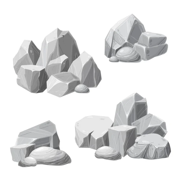 Rochers et débris de la montagne. galets de granit, rochers sur fond blanc. tas de pavés. pierres grises de différentes formes. illustration de style dessin animé. pour jeux ui ou graphisme. — Photo