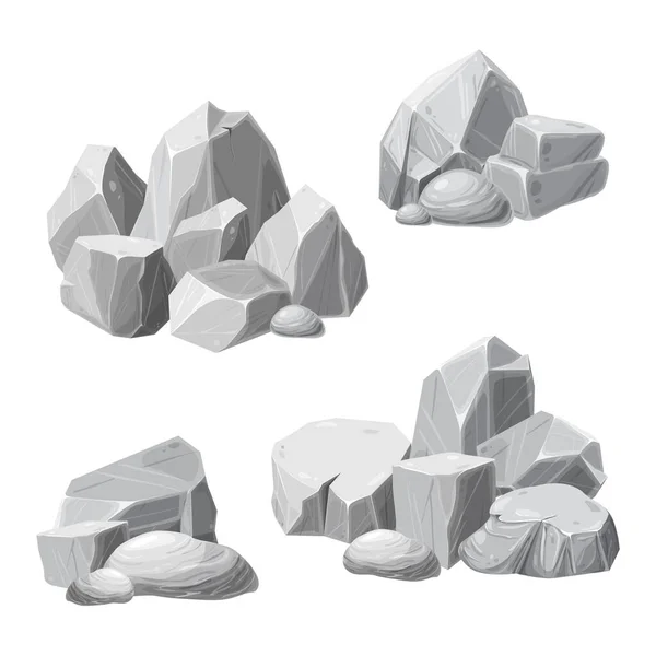 Pedras e detritos da montanha. paralelepípedos de granito, pedras sobre fundo branco. Um monte de pedras de paralelepípedos. pedras cinzentas de várias formas. ilustração estilo cartoon. para jogos ui ou design gráfico. — Fotografia de Stock