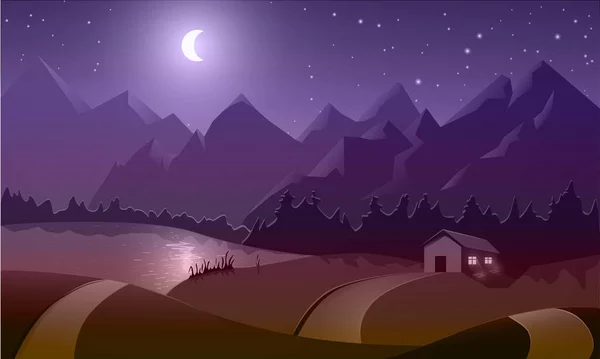 Nachtlandschaft mit Berg, Fluss oder See, Pfad und Haus. Cartoon flache schöne Szene mit Mondlicht. Hütte am Fluss vor felsigen Bergen. Haus am Ufer des sauberen Bergsees. — Stockvektor