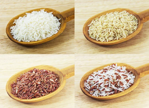 Jasmijn rijst en bruine rijst op houten lepel, thailand — Stockfoto