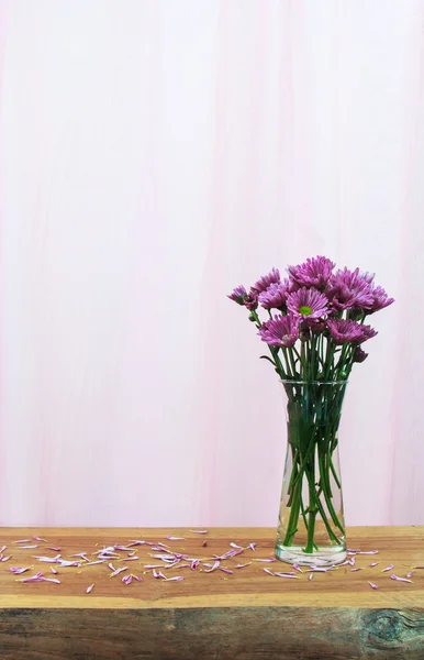 Romantic a bouquet of Chrysanthemum purple in glass jug on w — Stock Photo, Image