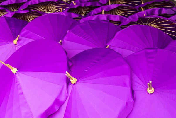 Thailand, Chiang Mai, hand painted Thai umbrellas drying in the