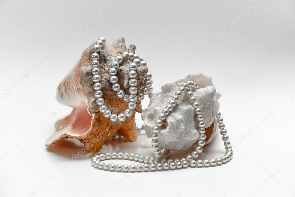 Sea shells with strings of mother of pearl beads