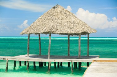 beyaz kumlu tropikal plaj kulübe ayakta Okyanusu ile