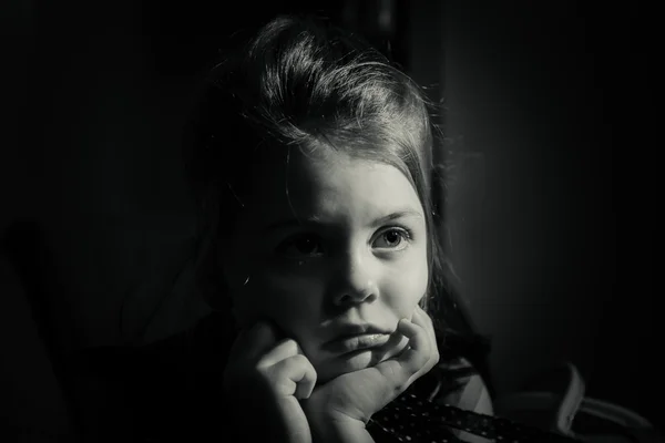 Monochrome portrait of lonely sad little girl — Stock Photo, Image