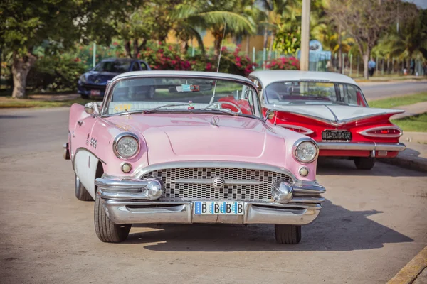 Rosa, branco, vermelho velho vintage retro carros no jardim — Fotografia de Stock