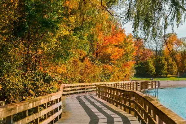湖の岸と秋の森の素敵な居心地の良い木製の橋晴れた豪華な日に — ストック写真