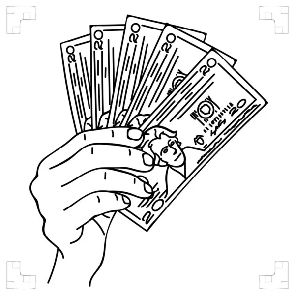 Sujeta los billetes. Comercio o apuesta de juego. Ganar el juego. Contabilidad negra. Concepto de negocio, rico, pago en efectivo, comercio o soborno. Línea de arte negocio-finanzas. vector — Archivo Imágenes Vectoriales