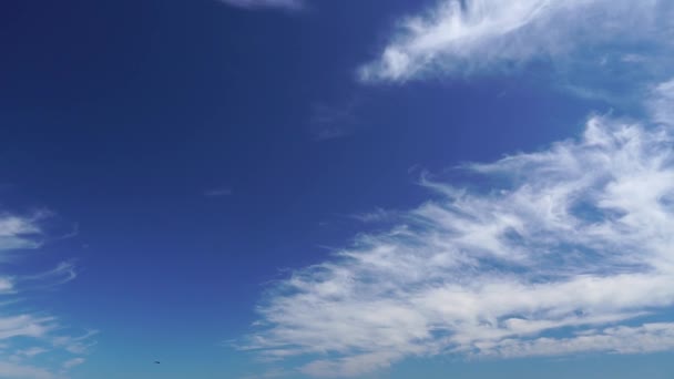 Alleen Lucht Wolkenlagen Bewegen Zich Verschillende Richtingen Lichtwitte Wolken Vliegen — Stockvideo