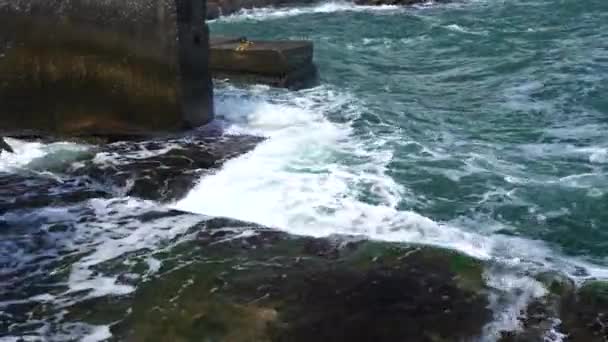 Powerful Waves Breaking Seawall Major Severe Storm Waves Crash Concrete — Stock Video