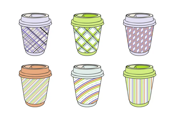 Бумажные Чашки Коллекция Кофе Оформлены Классическом Стиле Ретро Клетчатый Полоса — стоковый вектор