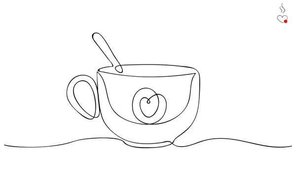 Cup of tea or coffee, with image of heart. Continuous line drawing, isolated on white background. Vector — стоковый вектор
