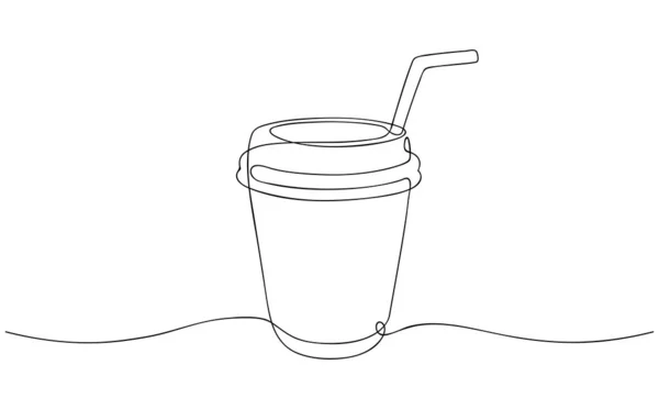 Copo de papel de suco, chá ou café. Bebida de café feita de linha única contínua. Café para ir conceito, para design de café fast food. Vetor —  Vetores de Stock