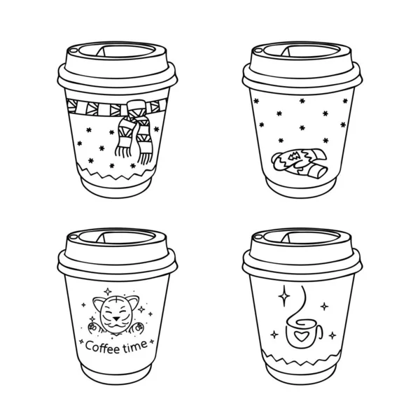 Коллекция бумажных кофейных чашек украшена для уютной зимней темы. Кофе, чтобы пойти графику соблазнить. Горячие напитки отнимают концепцию. Обратите внимание на дизайн в кафе быстрого питания. Вектор — стоковый вектор