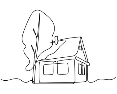Continuous One Line drawing of House with Tree. Abstract small country wooden house in minimalism style. Continuous hand drawn sketch. Vector