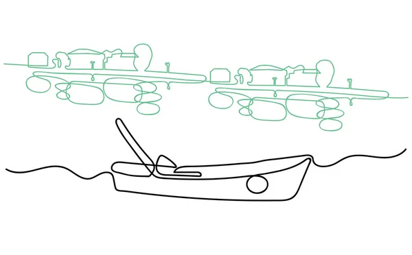 Kontinuierliche One Line Zeichnung des Bootes. Abstraktes kleines Gefäß im minimalistischen Stil. Durchgehende handgezeichnete Skizze. Bonusdamm. Vektor — Stockvektor