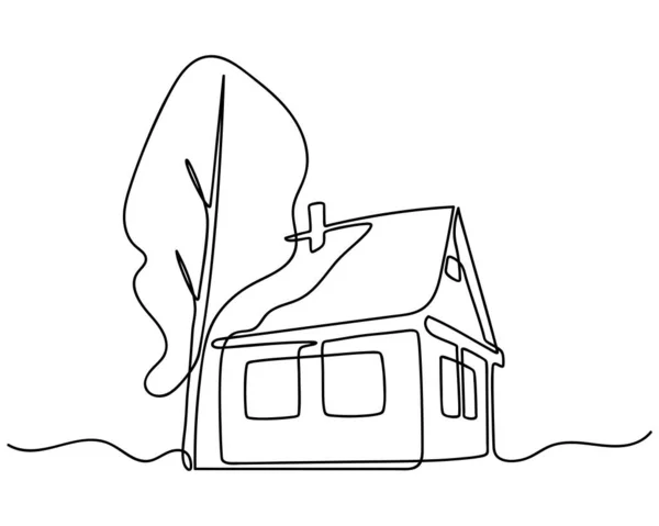 Continuous One Line drawing of House with Tree. Abstract small country wooden house in minimalism style. Continuous hand drawn sketch. Vector — Stock Vector