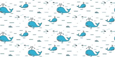 Cute marine whale seamless pattern. Creative kids texture with funny animals for apparel, textile, fabric, wrapping, wallpaper. Vector