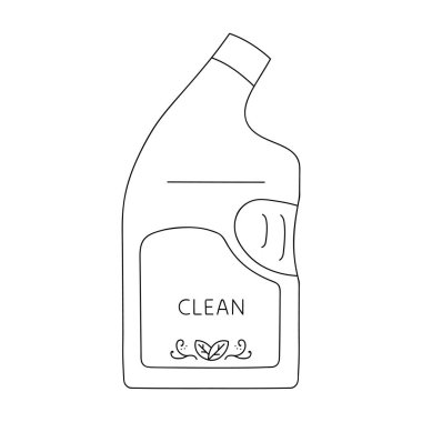 Ev temiz. Bir şişe temizlik ürünü. Temizlik ürünleri için plastik kap. Bir şişe deterjan, çizgi çizme ikonu. Vektör illüstrasyonu