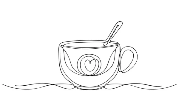 Чашка Чая Кофе Изображением Сердца Непрерывный Рисунок Линии Изолированный Белом — стоковый вектор