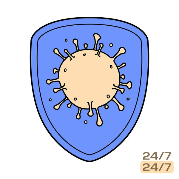 Tarcza Koronawirusem Ikona Wyizolowana Białym Tle Rysunek Pandemii Wirusów Opiece — Wektor stockowy