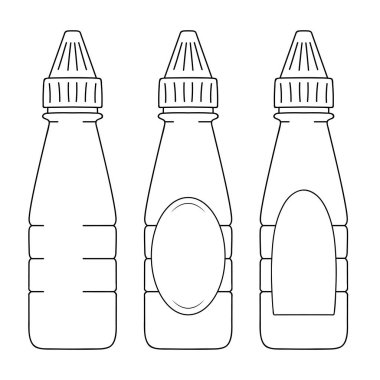 Bir şişe soya sosu ya da şeker kutusuyla ketçap, skeç. Basit çizgi çizimi. Plastik atık, sıvı için şişe. Vektör illüstrasyonu