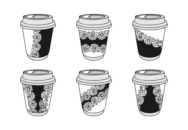 Бумажные Кофейные Чашки Коллекция Украшены Openwork Шаблон Уберите Кофейные Чашки — стоковый вектор