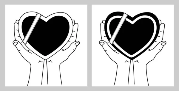 Ανδρικά Χέρια Κρατούν Μαύρη Καρδιά Λευκή Κορδέλα Σύμβολο Θλίψης Και — Διανυσματικό Αρχείο