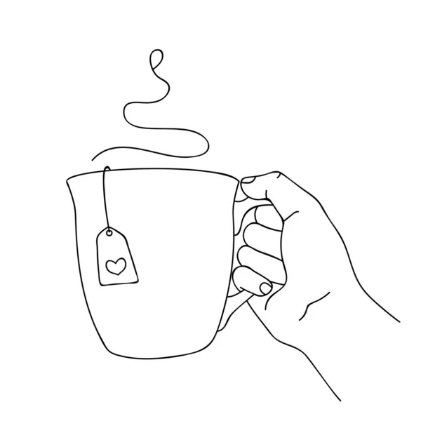 Женская Рука Протягивает Большую Чашку Чая Эскиз Линейный Рисунок Рука — стоковый вектор