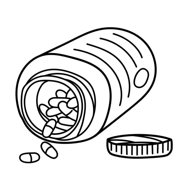 Ιατρικά χάπια πέφτουν από το μπουκάλι. Εικονίδιο περιέκτη με κάψουλες βιταμίνης, Mineral ή Micronutrient. Εικονογράφηση σε στυλ doodle, λεπτή γραμμή. Διάνυσμα — Διανυσματικό Αρχείο