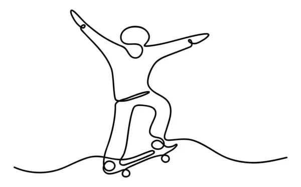 Linea continua di silhouette di skateboarder, facendo salto isolato su sfondo bianco. Schizzo in linea disegnato a mano. Elegante poster estivo, banner. Vettore — Vettoriale Stock