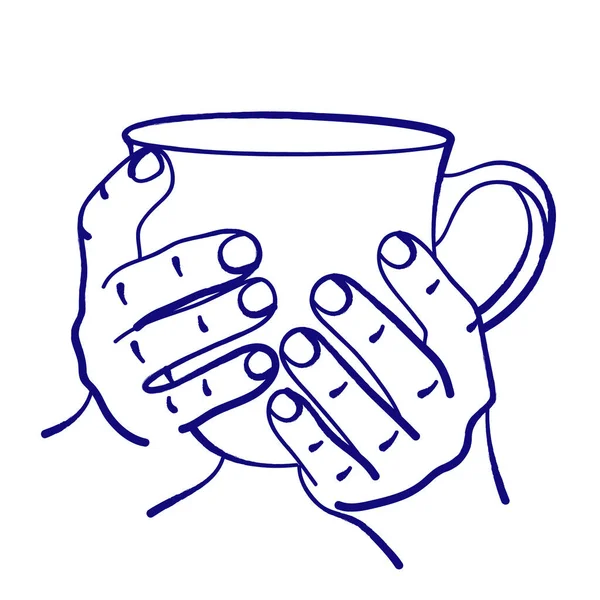 Уютные Женские Руки Большой Чашкой Чая Кофе Эскиз Линейный Рисунок — стоковый вектор