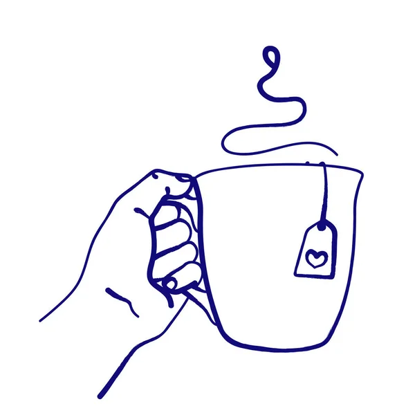 Женская Рука Протягивает Большую Чашку Чая Рисунок Линейный Рисунок Изолирован — стоковый вектор