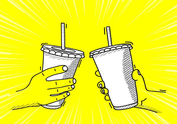 Duas Mãos Batem Copos Papel Com Refrigerante Festa Esboço Doodle —  Vetores de Stock