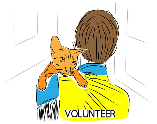 Εθελοντής Αγκαλιάζει Μια Αδέσποτη Γάτα Άρρωστη Γάτα Του Δρόμου Κάθεται — Διανυσματικό Αρχείο