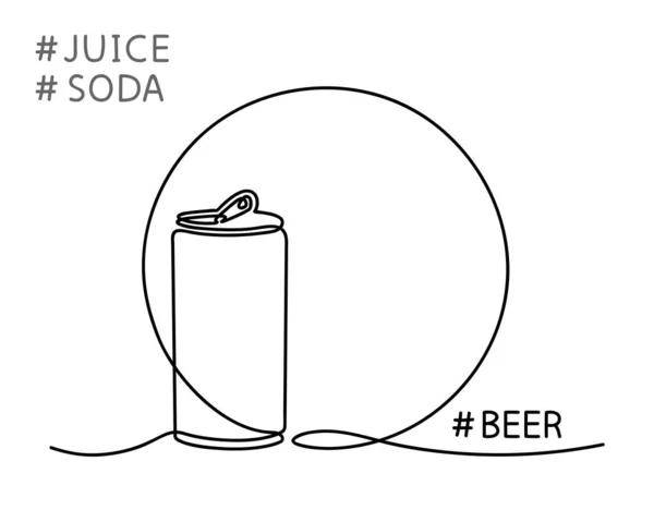 Desenho de linha contínua única de lata de alumínio. Refrigerante estilizado, estilo moderno de uma linha. Modelo de arte de linha da loja de bebidas emblema. Recipiente Doodle de embalagem de suco de água de refrigerante de cerveja. Vector mock up —  Vetores de Stock