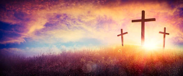 Three Cross Hill Sunset Crucifixion Jesus Christ Dalam Bahasa Inggris — Stok Foto