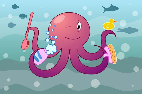 Octopus met shampoo en een gekote — Stockvector