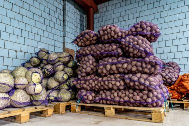 Marketin deposunda patates ve lahana dolu çantalar var.